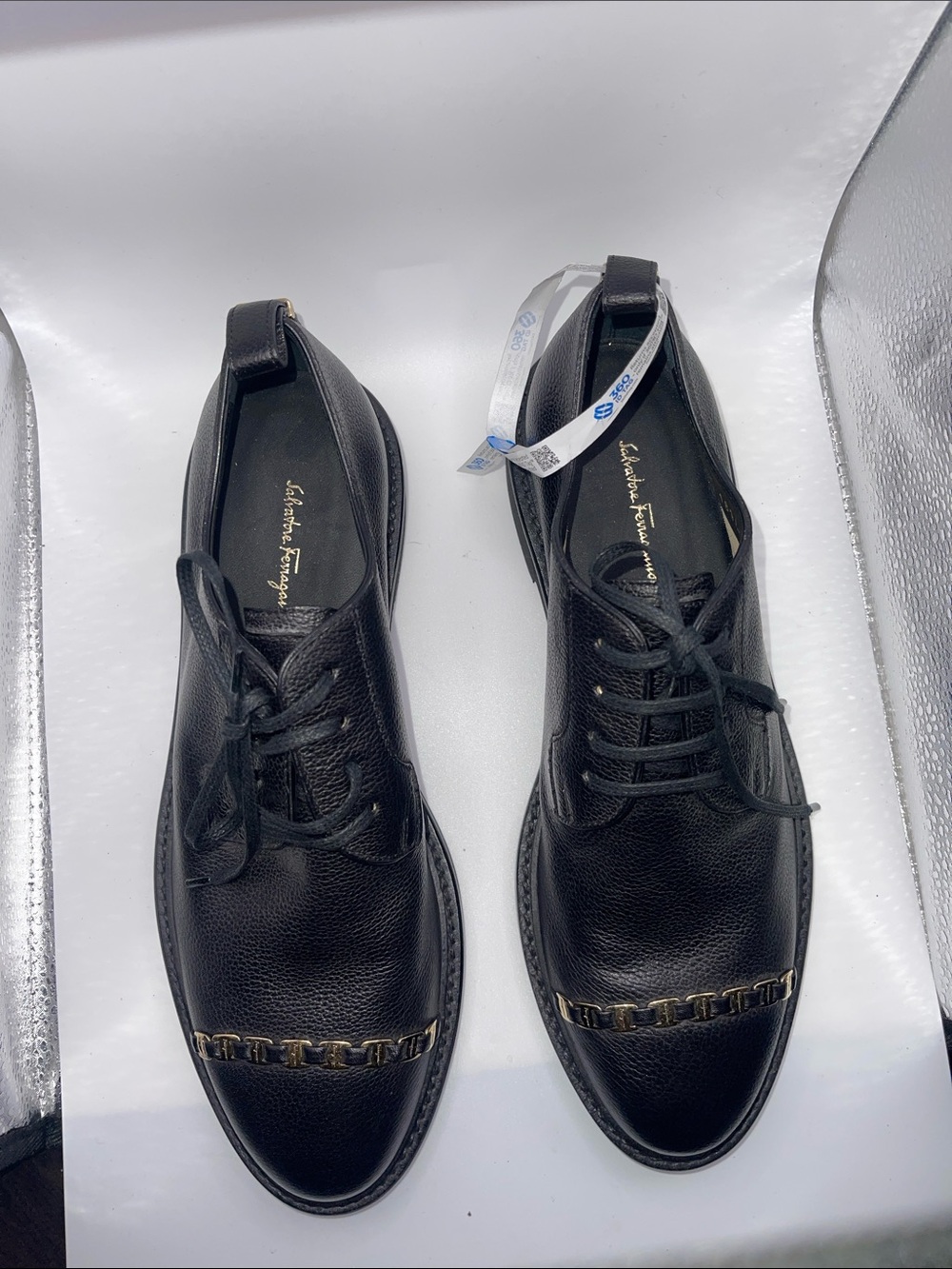 Salvatore Ferragamo Black Leather Lace-Up Oxfords with Gold Chain Detail